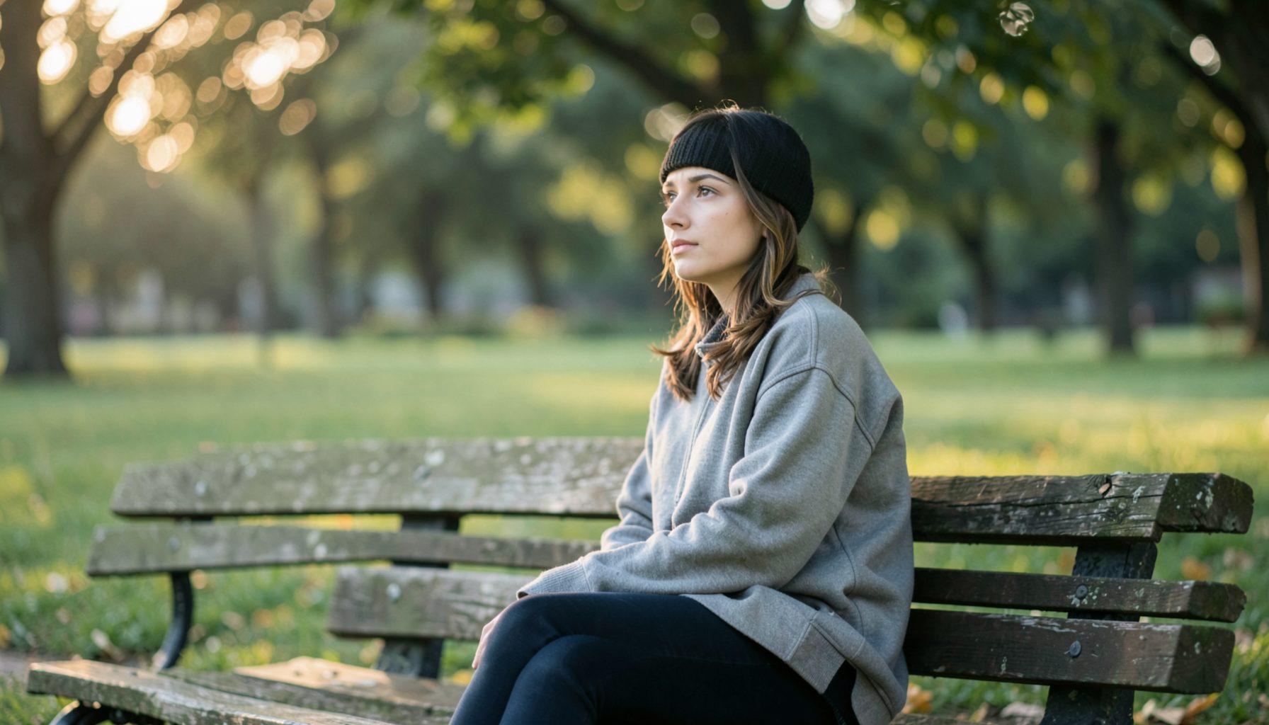 A person sitting alone on a park bench in soft morning light, looking thoughtful but calm, with muted greens and warm golden tones