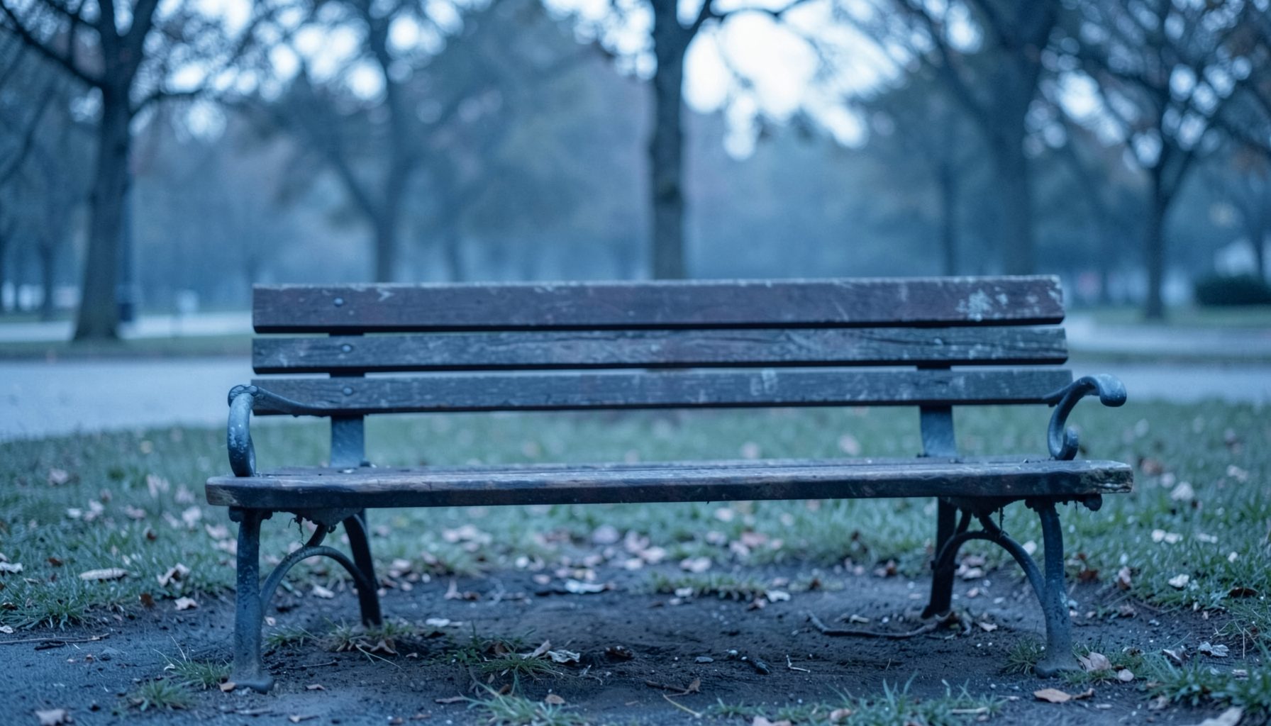 A quiet, contemplative scene in muted blues and soft greys — an empty park bench under diffused morning light, evoking stillness and introspection