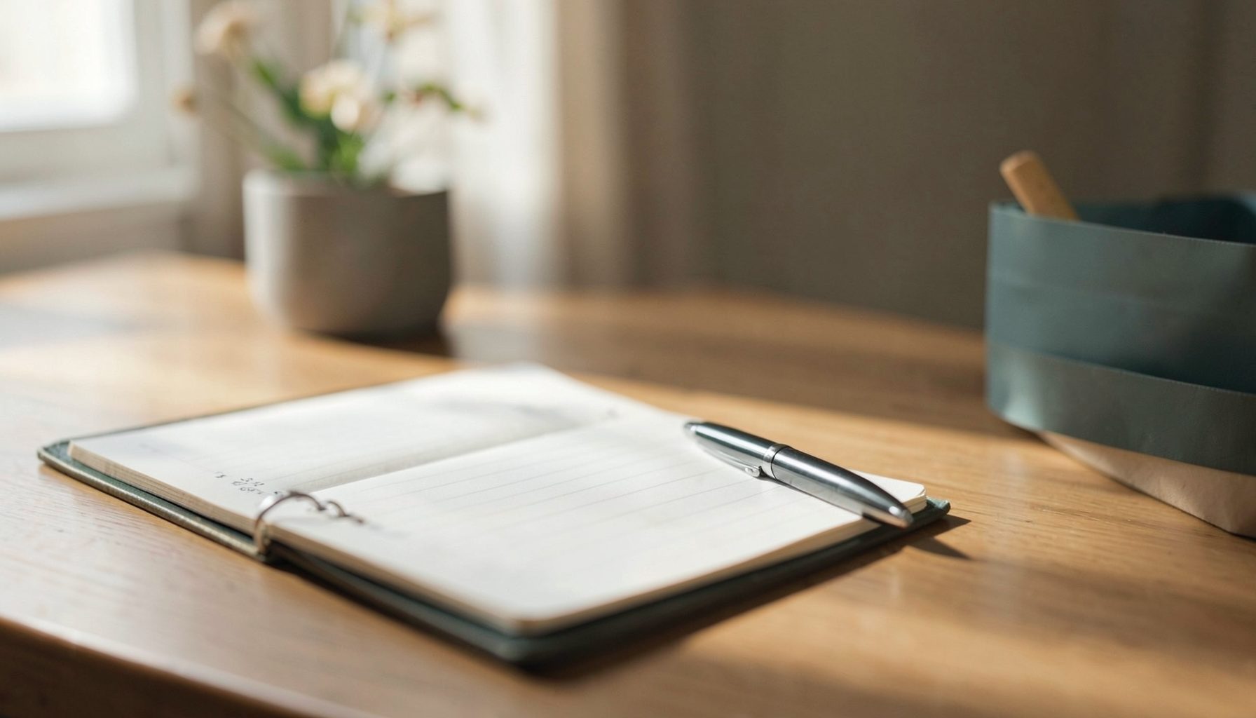 A quiet desk scene with a notebook and pen in soft natural light, warm neutrals and muted teal accents conveying reflection and calm