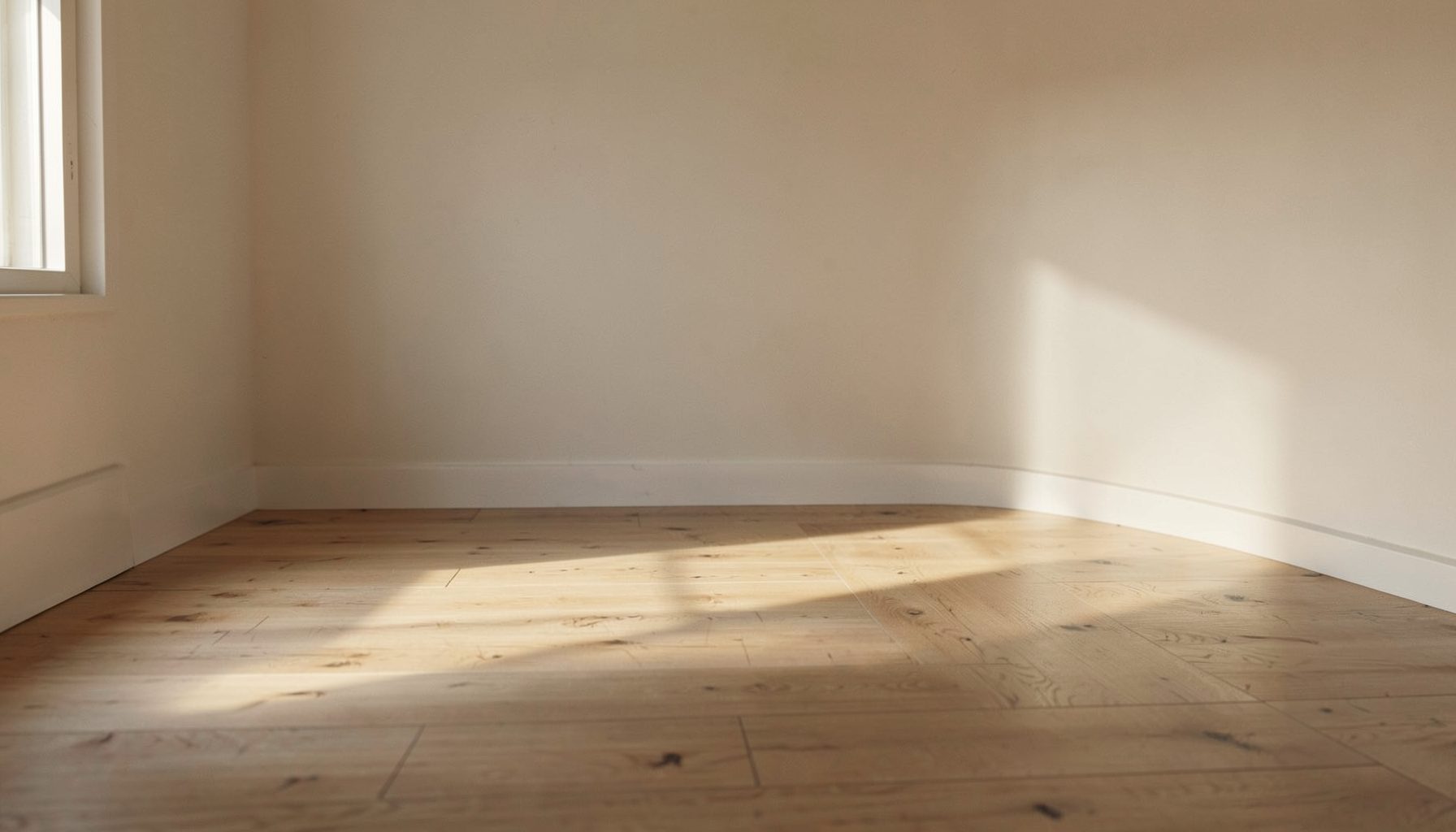 A quiet, empty room with soft daylight falling across a wooden floor, creating long gentle shadows in warm neutral tones