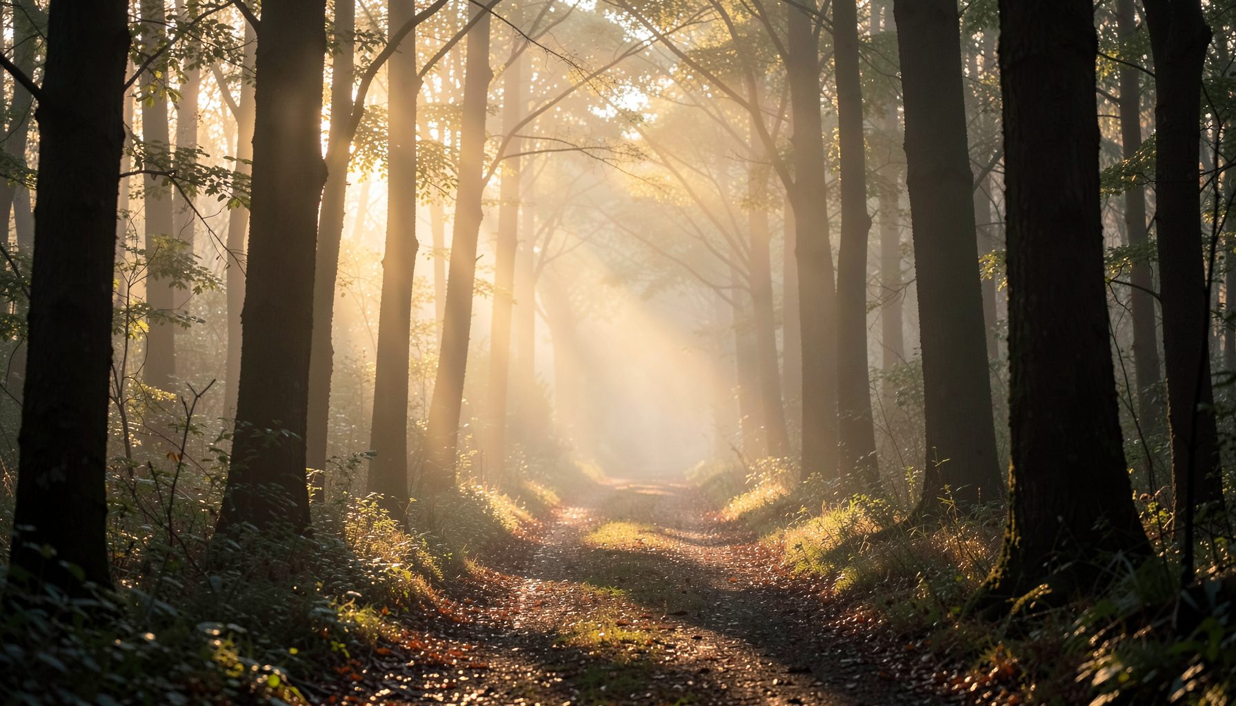 A quiet, misty forest path at dawn with soft golden light filtering through trees, evoking introspection and the search for deeper understanding