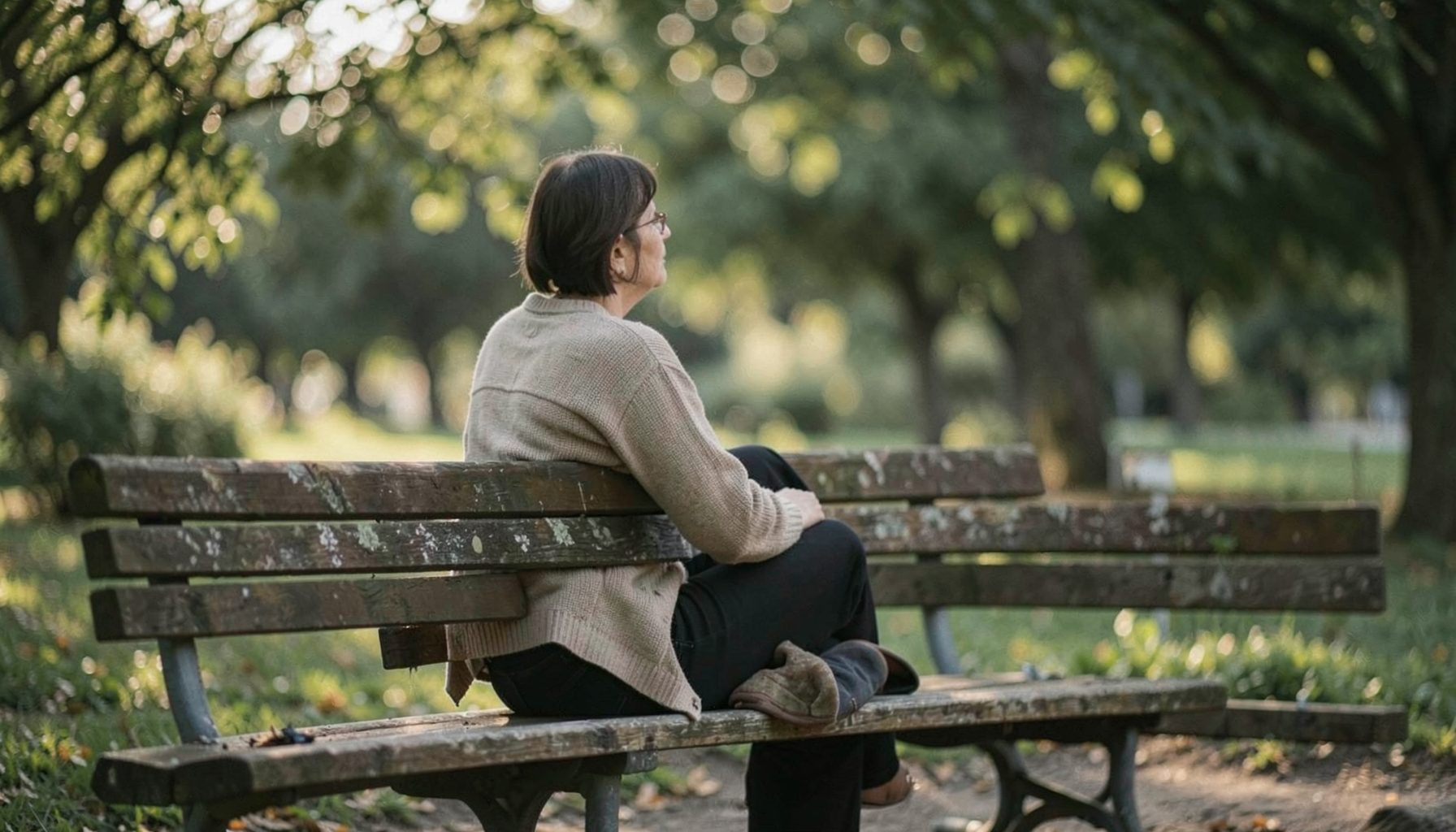 A single person sitting on a park bench in soft afternoon light, surrounded by blurred greenery, conveying solitude and introspection in muted earth tones