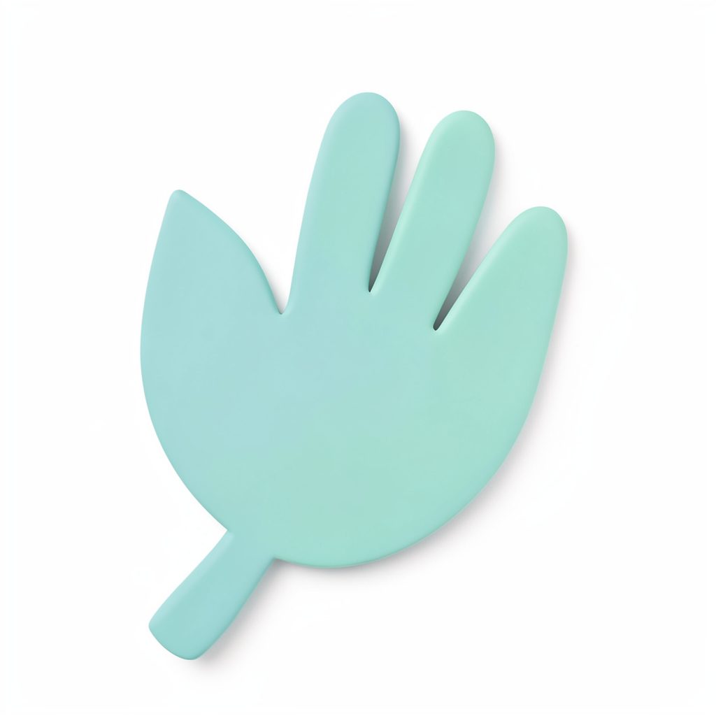 Soft teal and mint green abstract leaf or open hand shape on a white background, conveying calm and growth