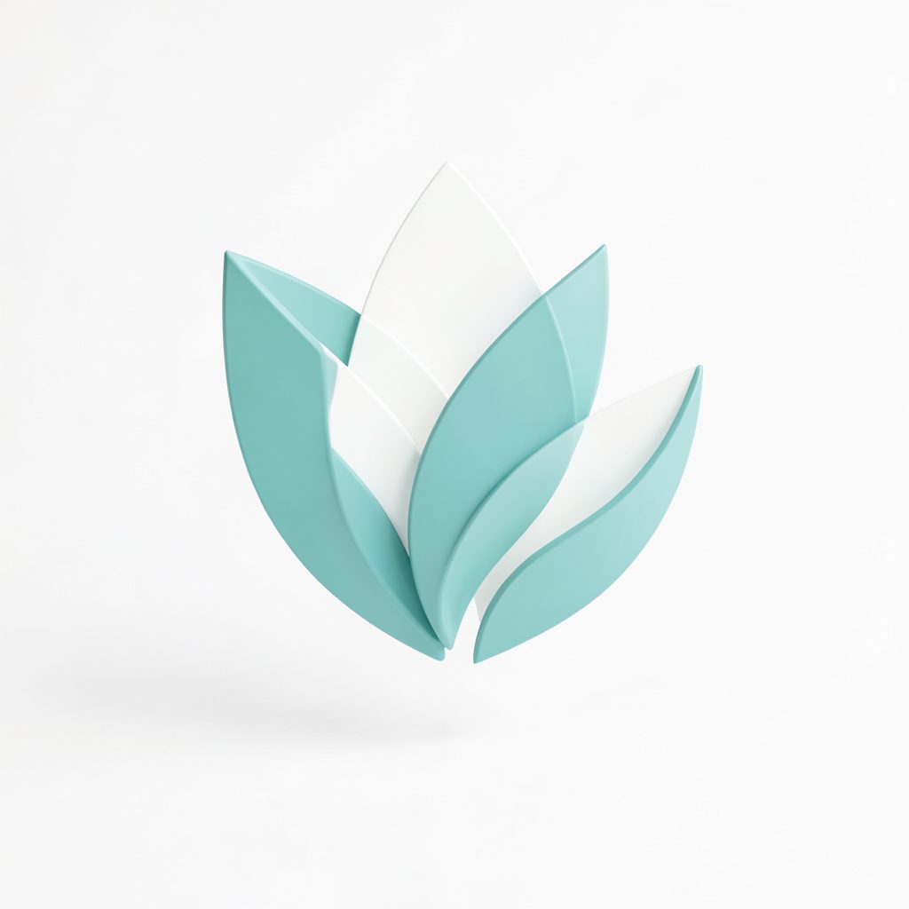 Soft teal and white abstract emblem suggesting growth and calm, with gentle overlapping leaf-like shapes