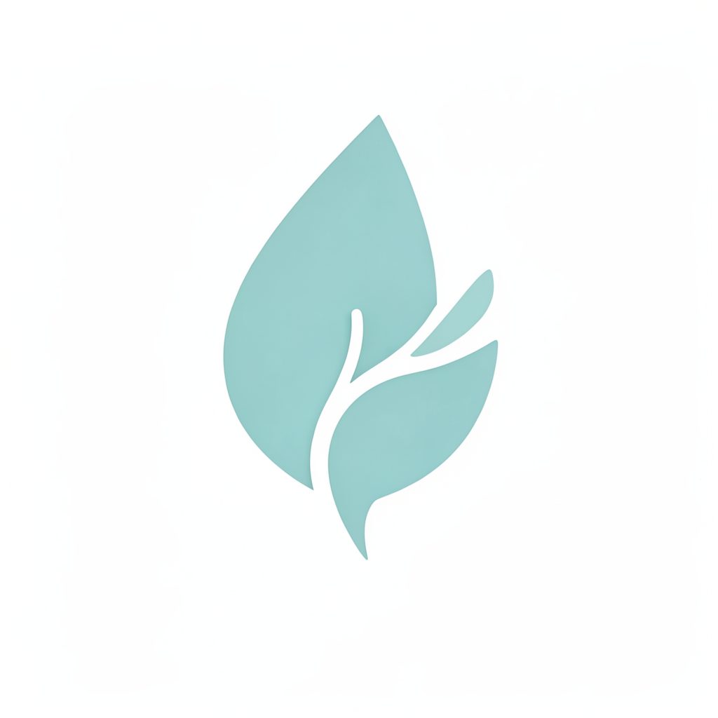 Soft teal and white abstract leaf or open hand symbol on a clean white background, conveying calm and personal growth