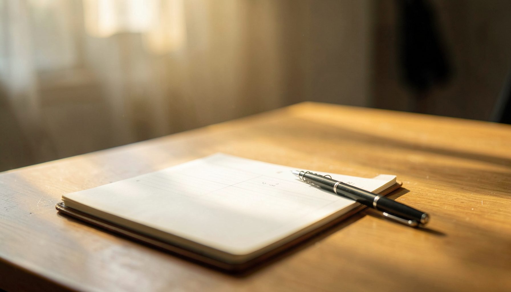 Warm, diffused morning light falling across a quiet desk with a notebook and pen, evoking calm reflection and planning